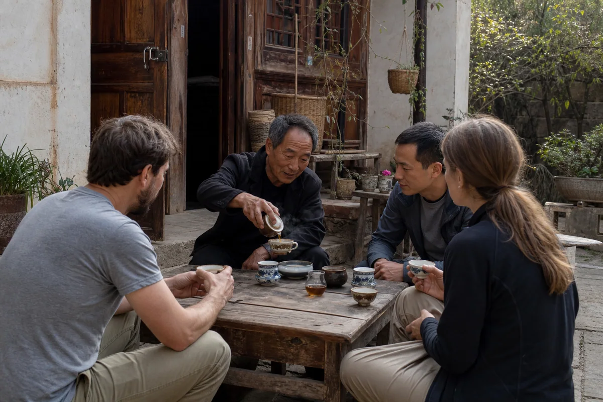 Travelers sharing tea with a local host in a Bai courtyard between Shaxi and Nuodeng