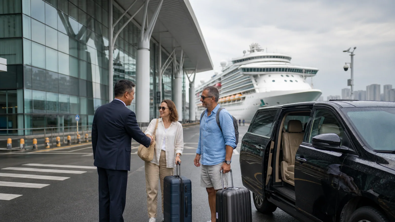 International cruise passengers meeting a private chauffeur outside Shekou Cruise Homeport