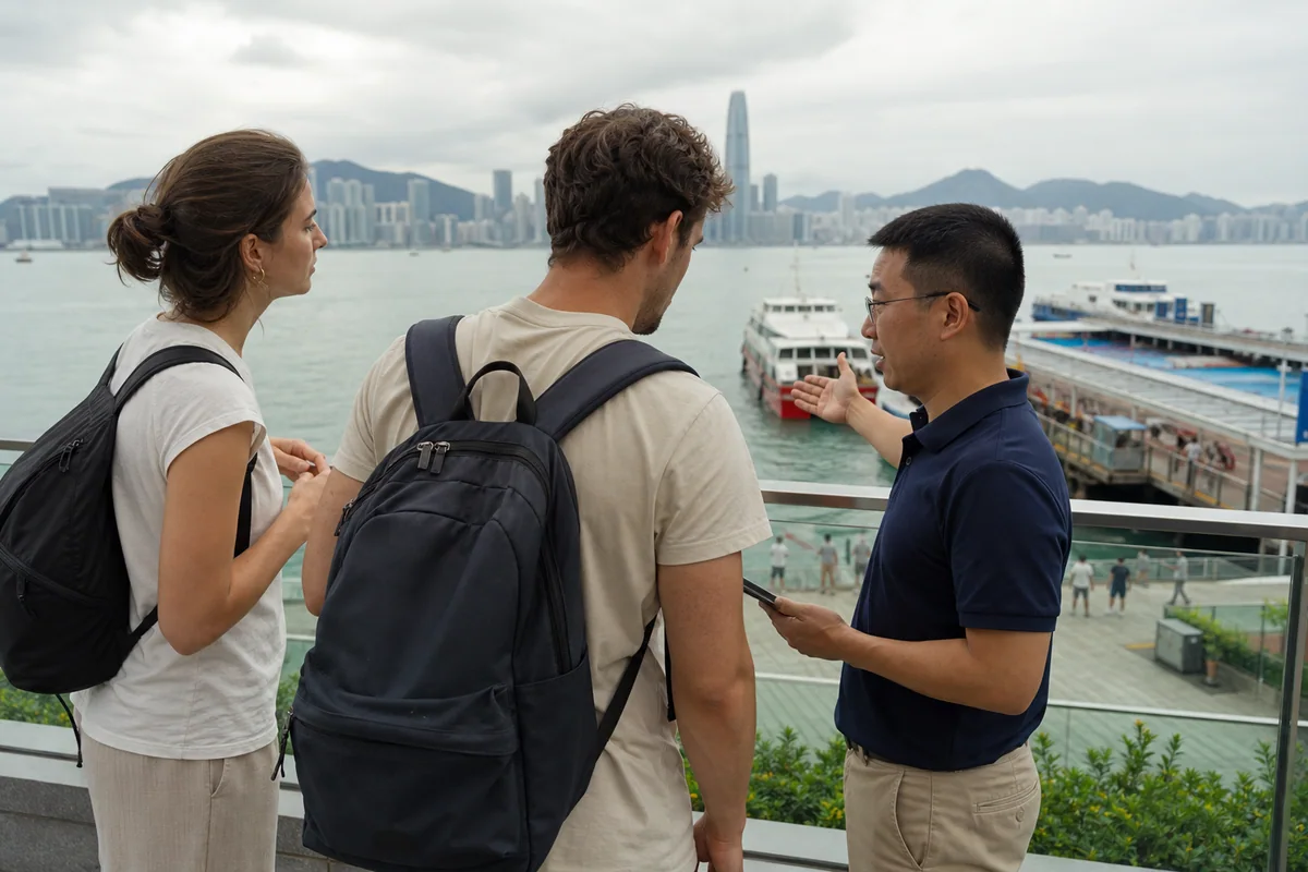 Travelers planning their onward Pearl River Delta route from the Shekou waterfront
