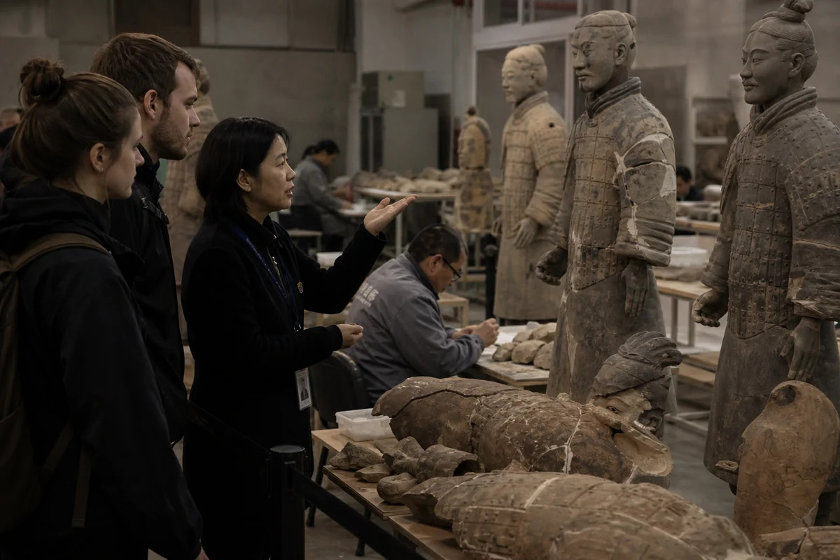 Visitors learning about the restoration of Terracotta Warriors near Xi'an