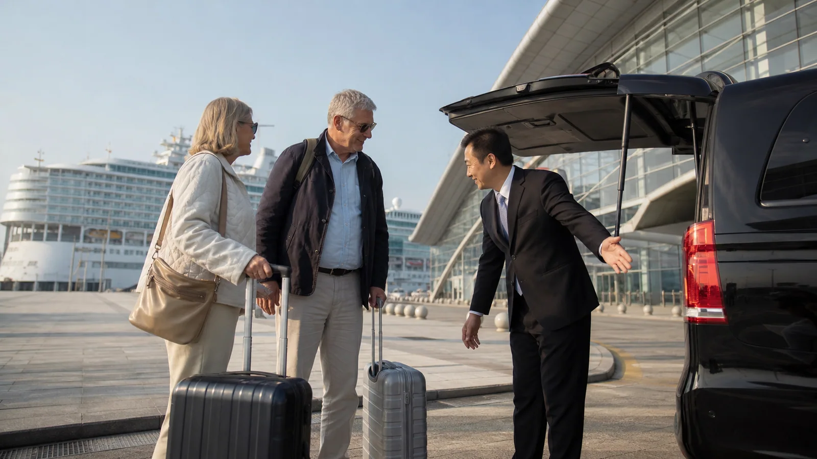 International cruise passengers meeting a private chauffeur outside Tianjin cruise port