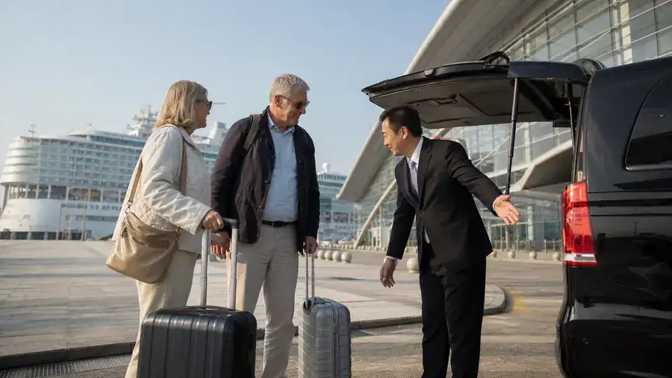 International cruise passengers meeting a private chauffeur outside Tianjin cruise port