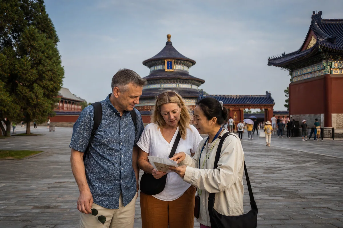 Cruise travelers exploring the Temple of Heaven with a private guide after arriving in Beijing