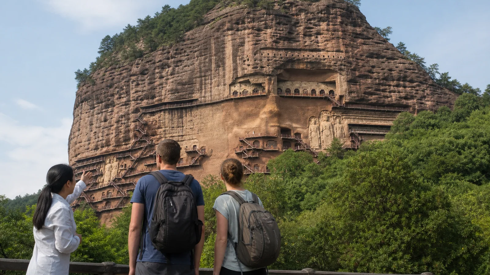International travelers and guide viewing the Maijishan Grottoes cliff near Tianshui