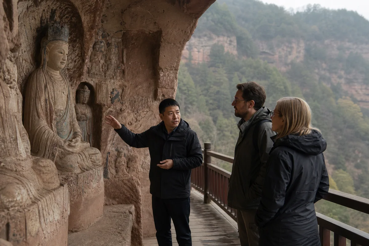 Local guide explaining protected Buddhist sculpture to visitors on a Maijishan walkway