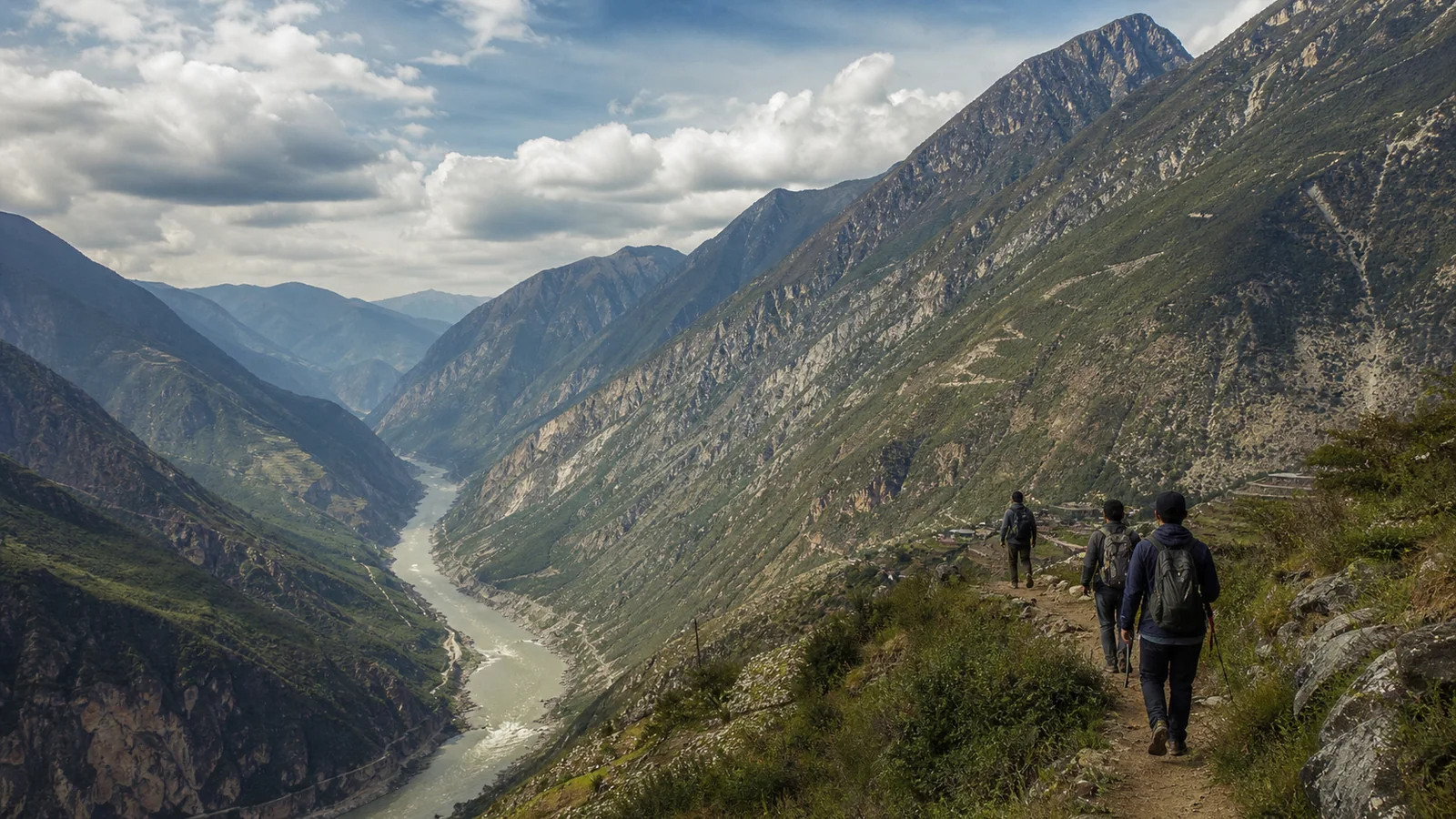 Hikers on the high trail above Tiger Leaping Gorge in Yunnan