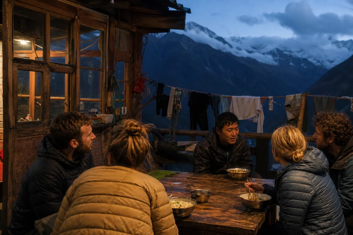 Hikers eating with a Naxi host on a guesthouse terrace above Tiger Leaping Gorge
