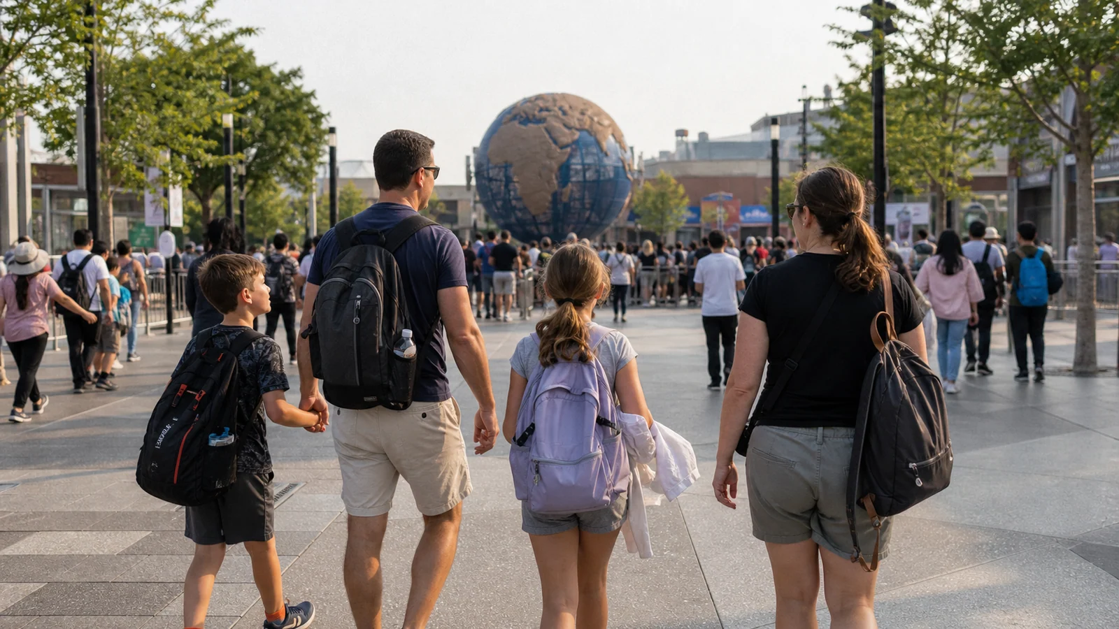 A family arriving at Universal Beijing Resort in the morning