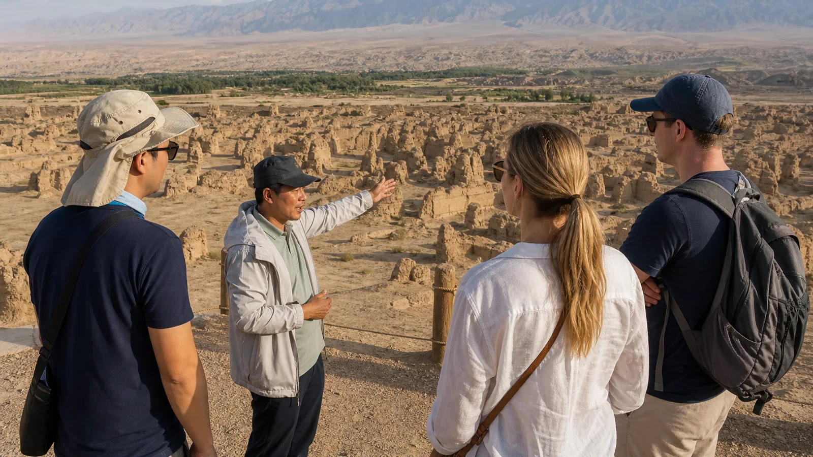 International travelers and guide overlooking Jiaohe ancient city near Turpan