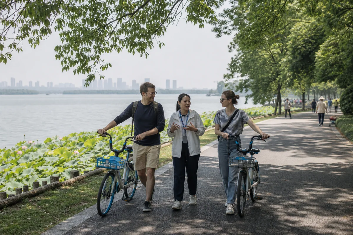 International travelers walking with bicycles beside East Lake in Wuhan