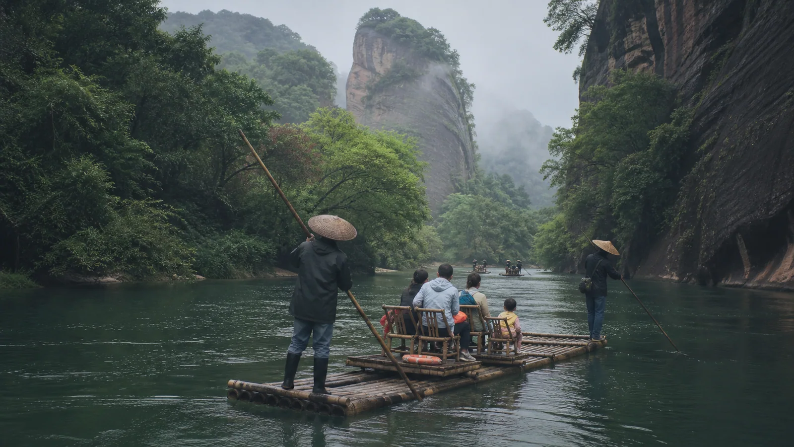 Traditional bamboo rafts moving through the Nine Bend River at Wuyi Mountain