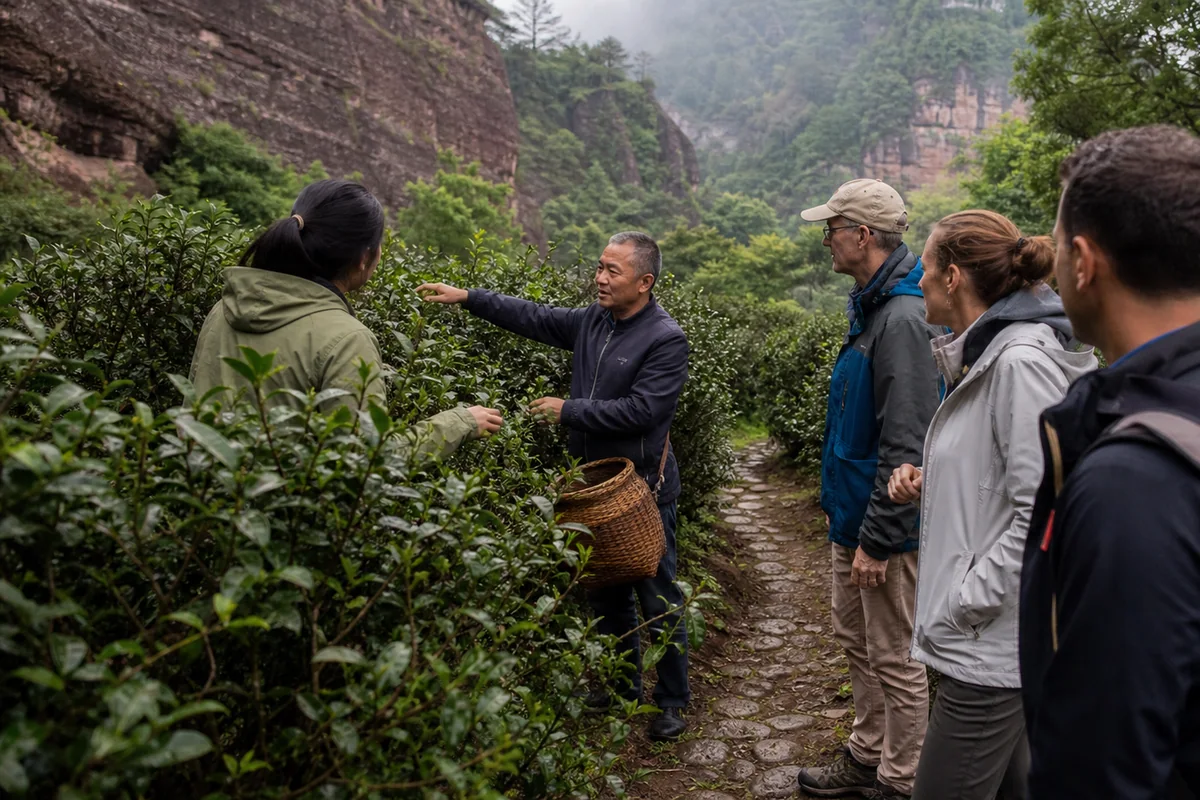 A tea grower guiding travelers through the Da Hong Pao valley at Wuyi Mountain