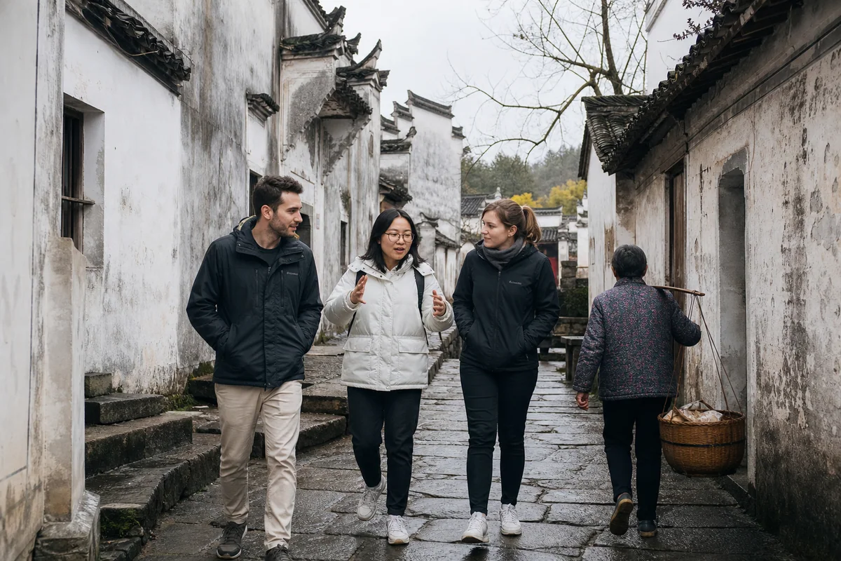Travelers and local guide walking through a historic Wuyuan village in the morning