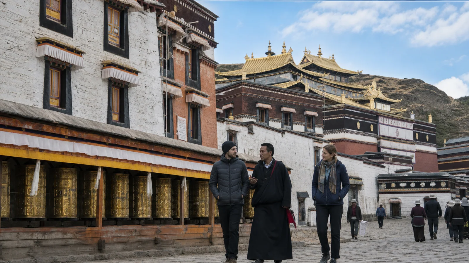 International travelers visiting Labrang Monastery in Xiahe with a local Tibetan guide