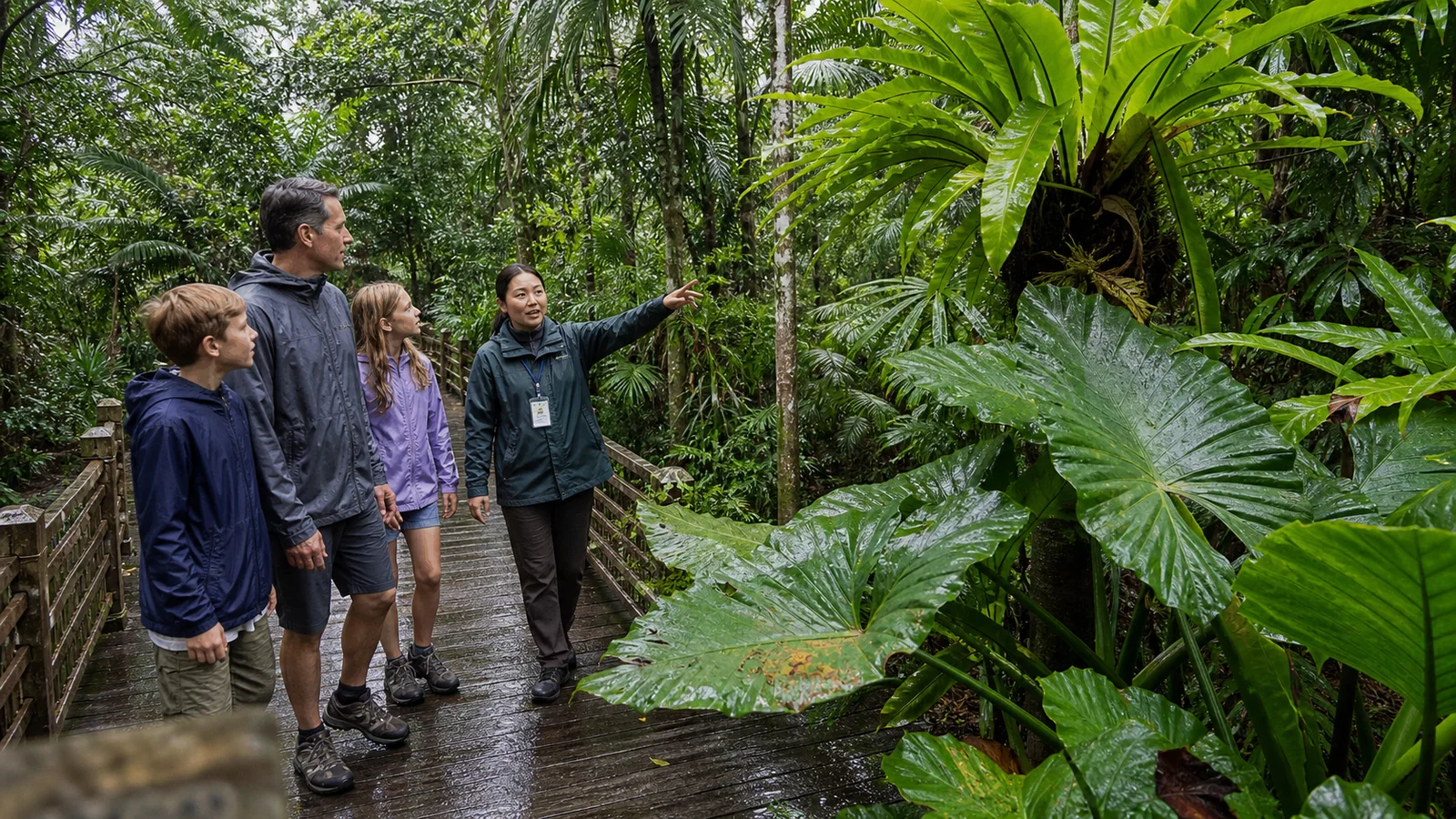 International family exploring tropical plants with a local guide in Xishuangbanna