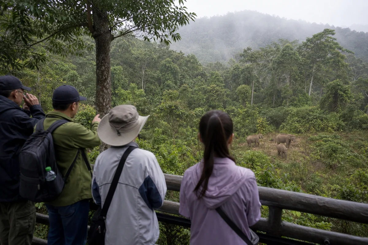 Travelers observing Asian elephants from a safe platform in Wild Elephant Valley