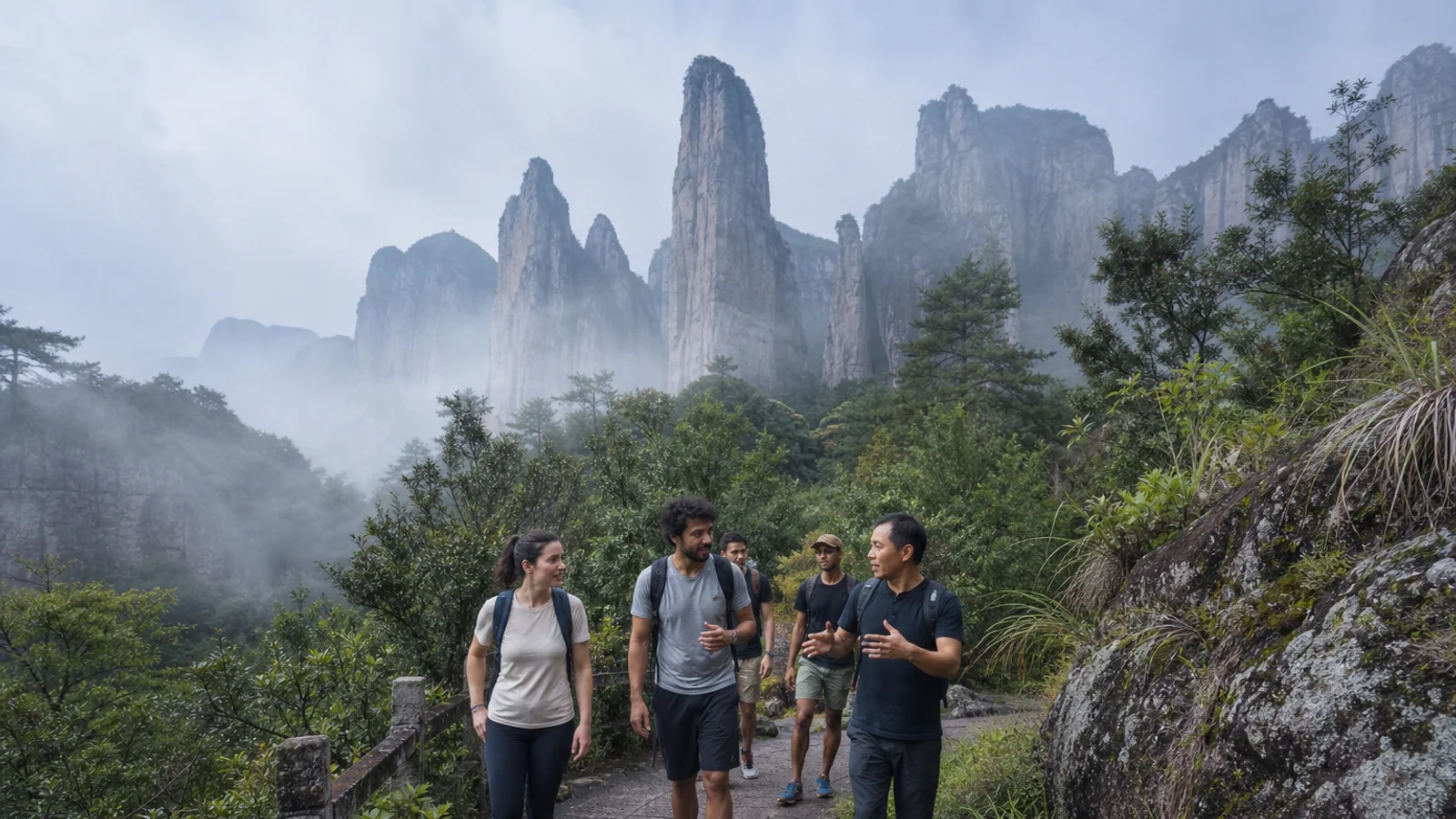 International travelers walking below the peaks of Lingfeng at Yandang Mountain