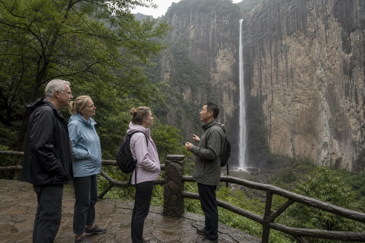 Travelers and guide viewing Dalongqiu waterfall at Yandang Mountain after rain