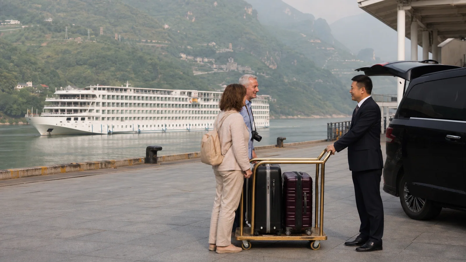 International cruise travelers meeting a private chauffeur beside a Yichang river terminal