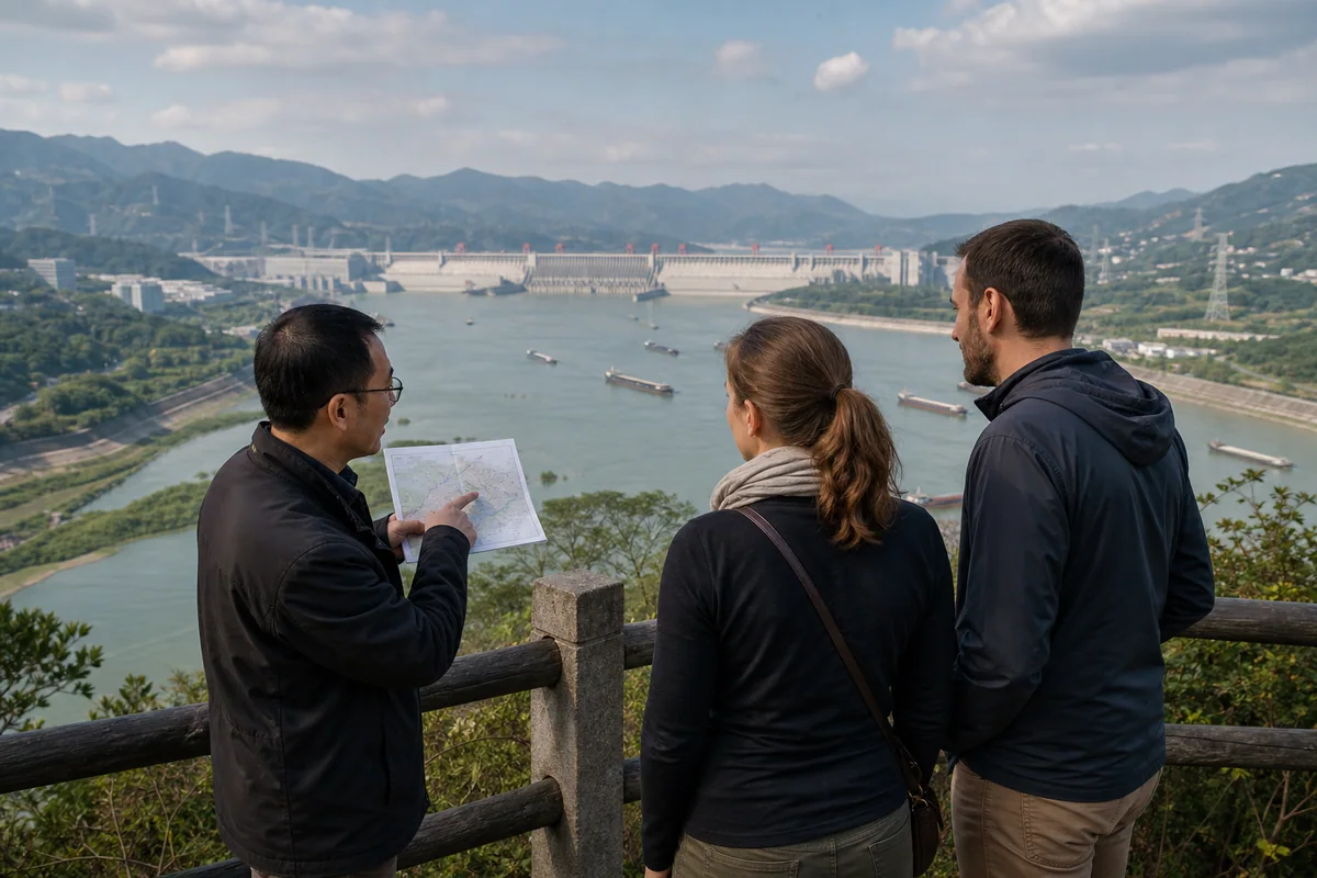 Travelers learning about the Yangtze and Three Gorges geography from a local guide
