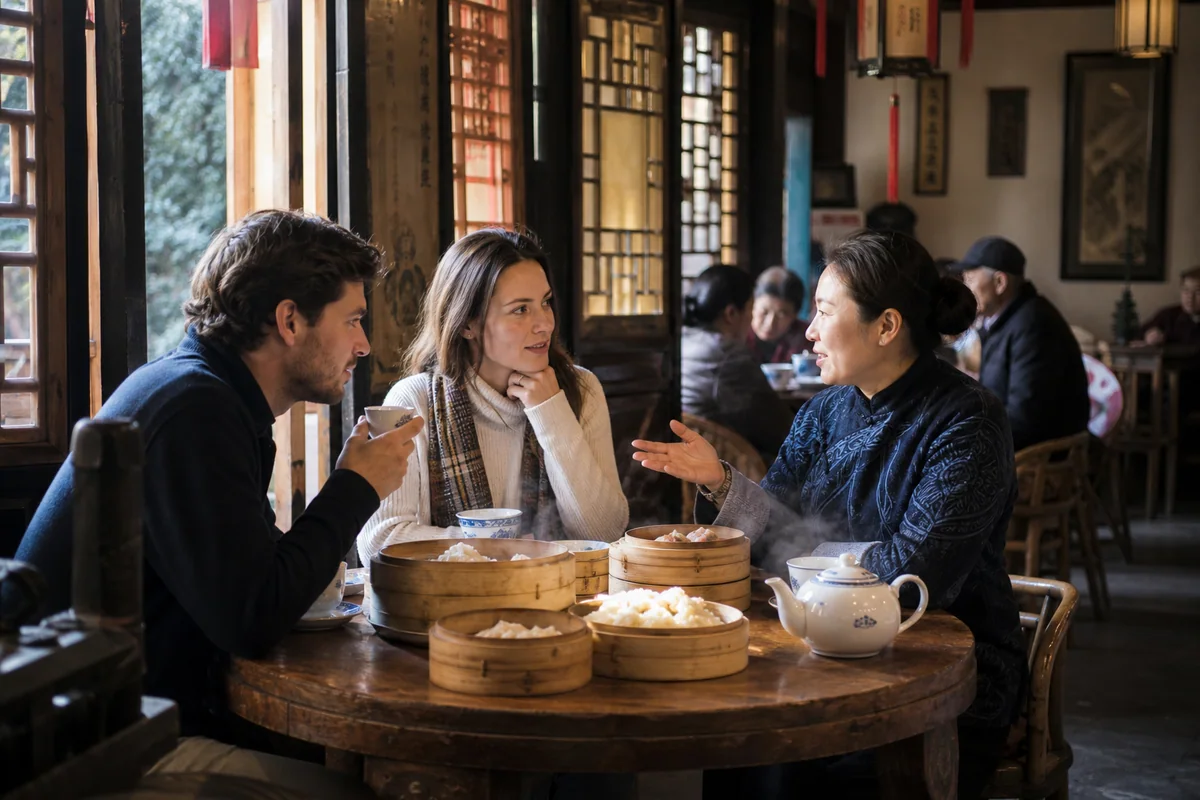 International travelers sharing morning tea with a local guide in Yangzhou
