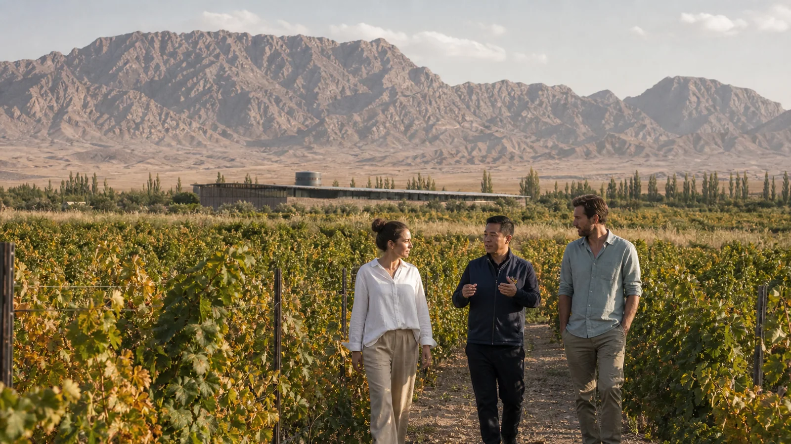 International travelers walking through a Ningxia vineyard below Helan Mountain