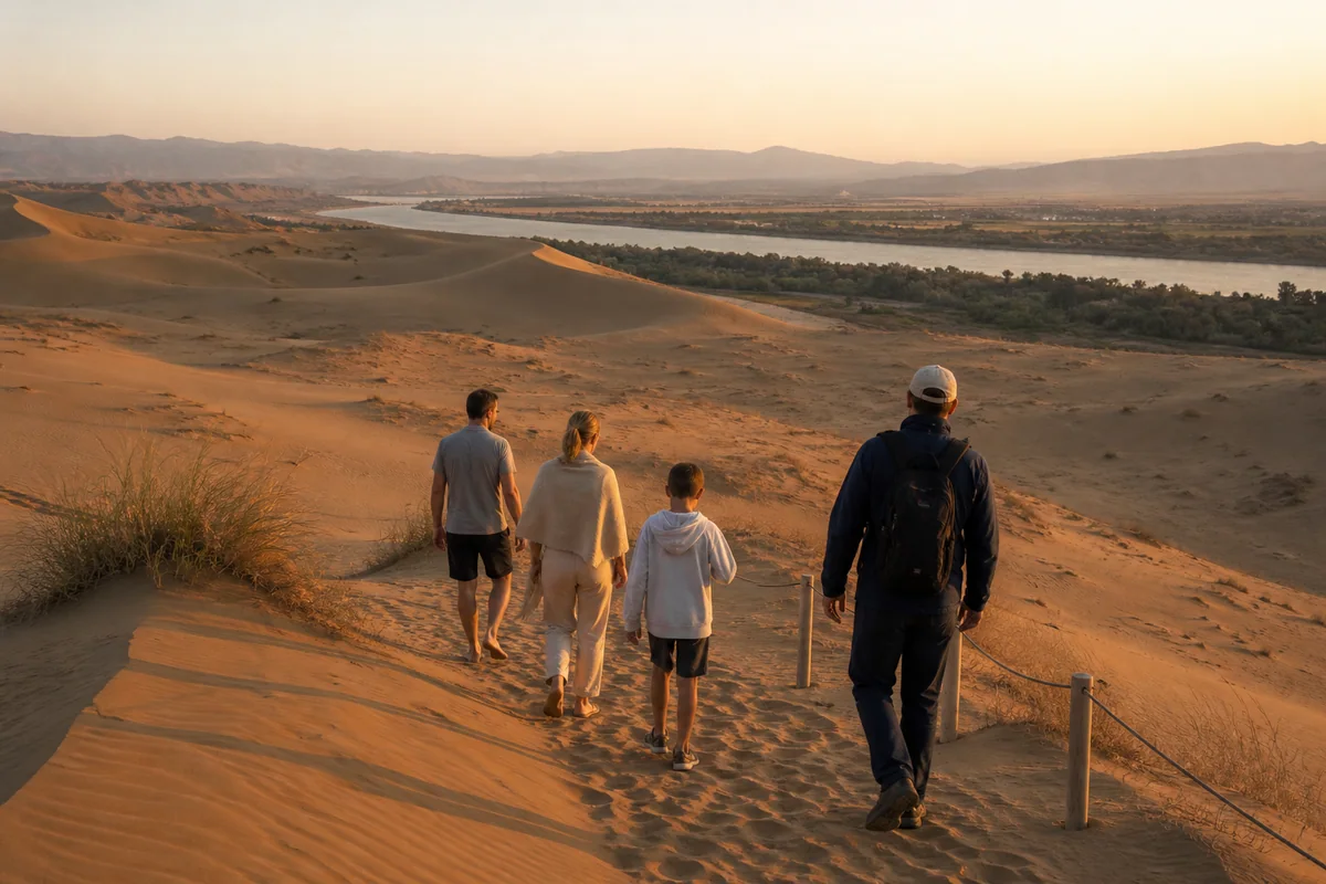 Family walking with a guide on a marked path beside the Tengger Desert near Zhongwei