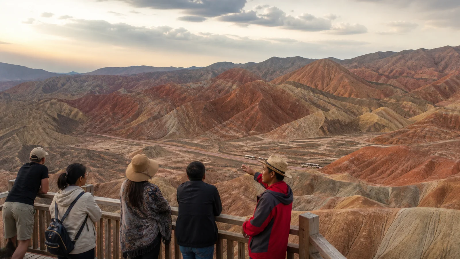 Travelers viewing the natural colors of Zhangye Colorful Danxia near sunset