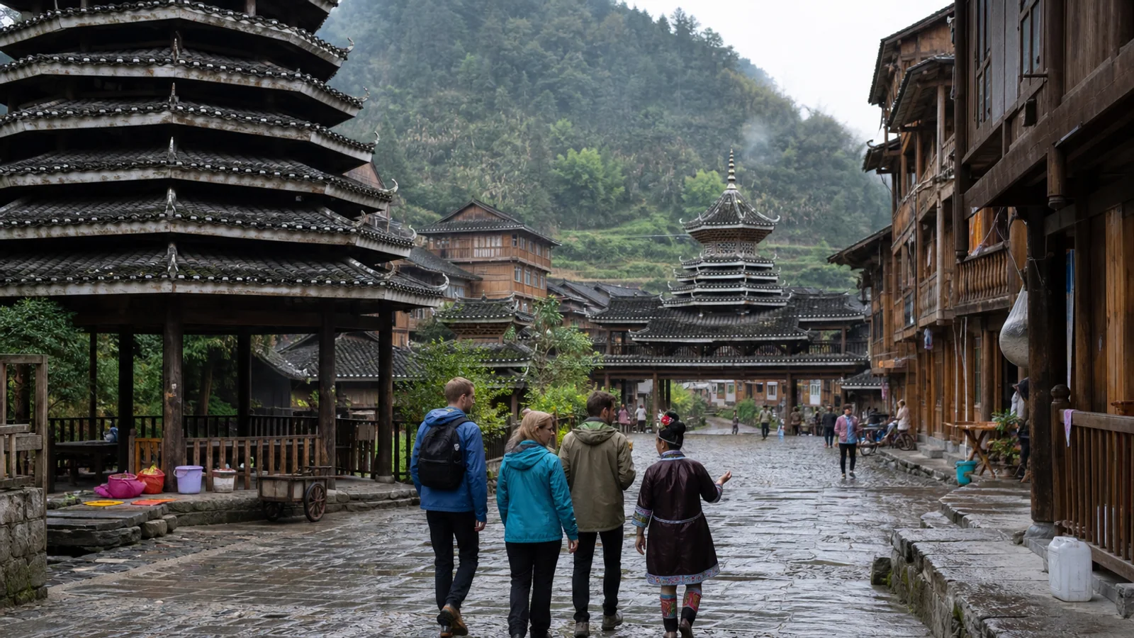 International travelers walking through Zhaoxing Dong Village with a local guide