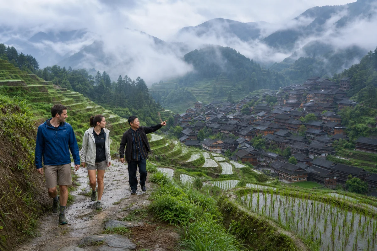 Travelers walking with a guide above Tang’an rice terraces near Zhaoxing