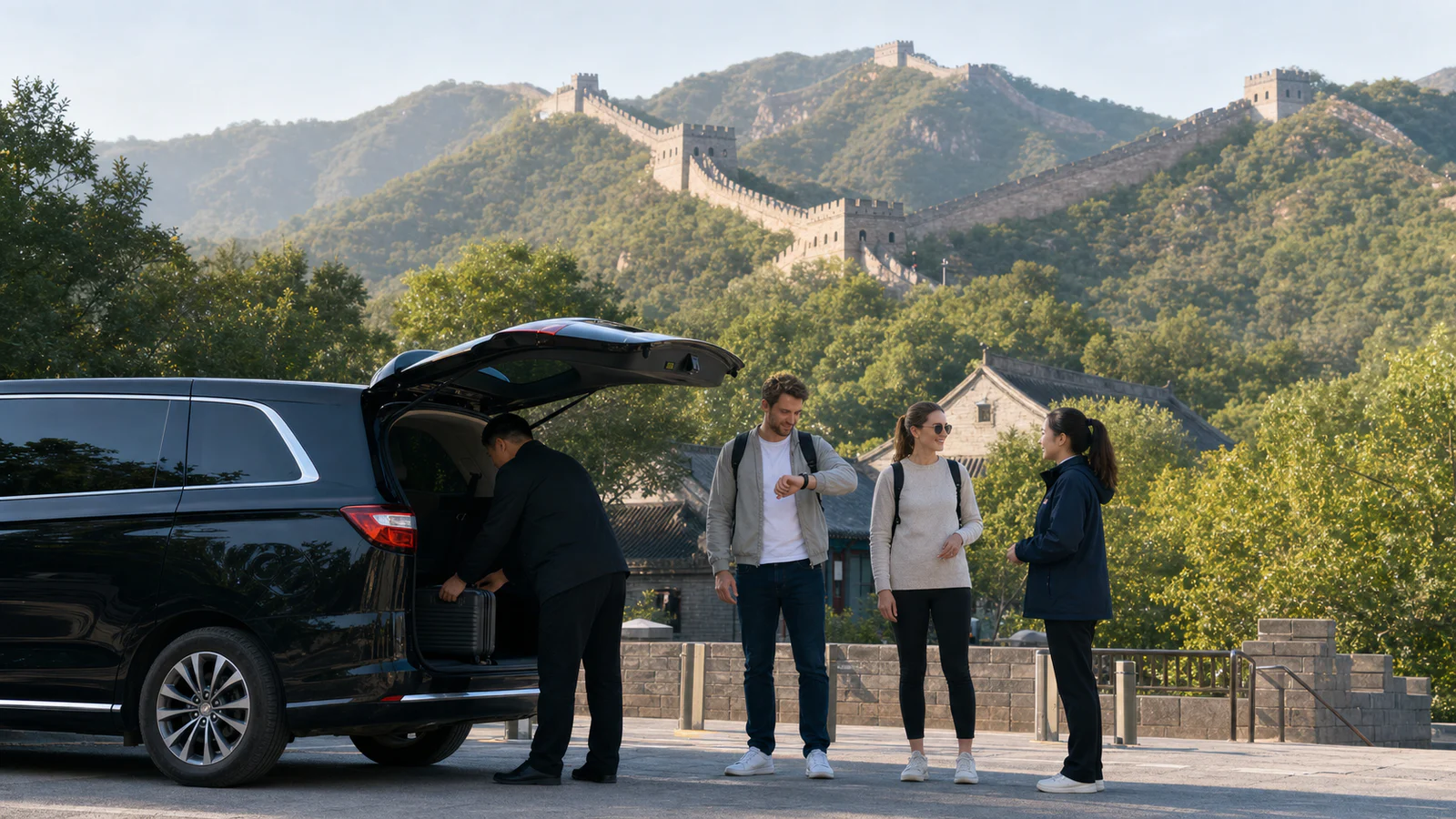 Transit travelers arriving by private vehicle at Mutianyu Great Wall during a Beijing airport layover