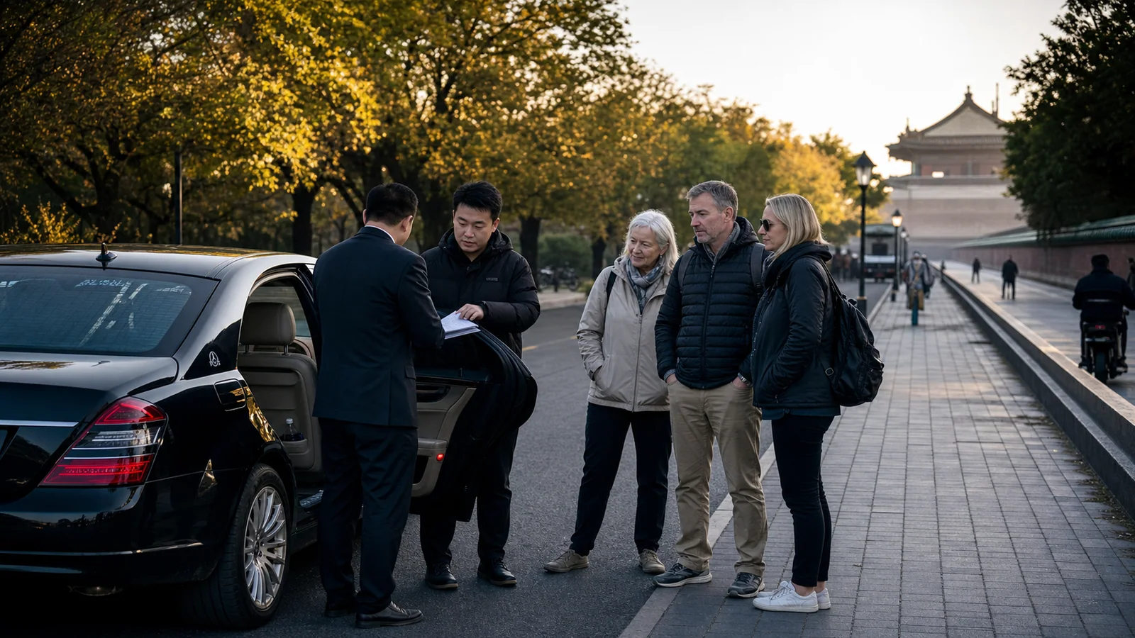 Travelers walking through a quiet traditional Beijing lane in warm morning light