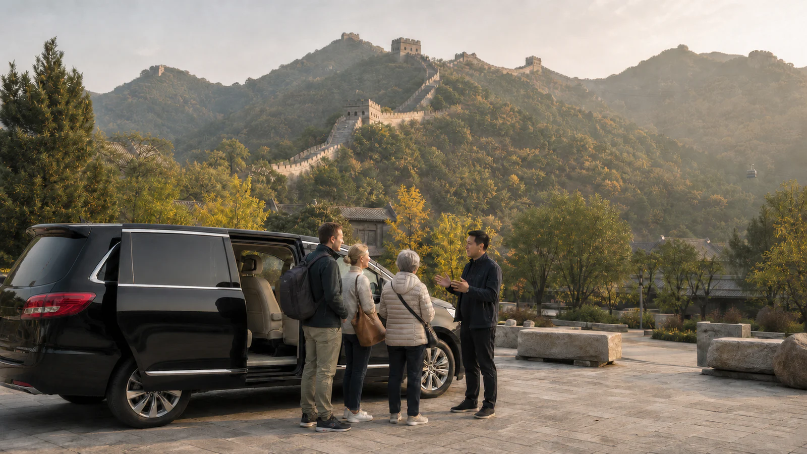Travelers arriving by private vehicle for a Mutianyu Great Wall day trip from Beijing
