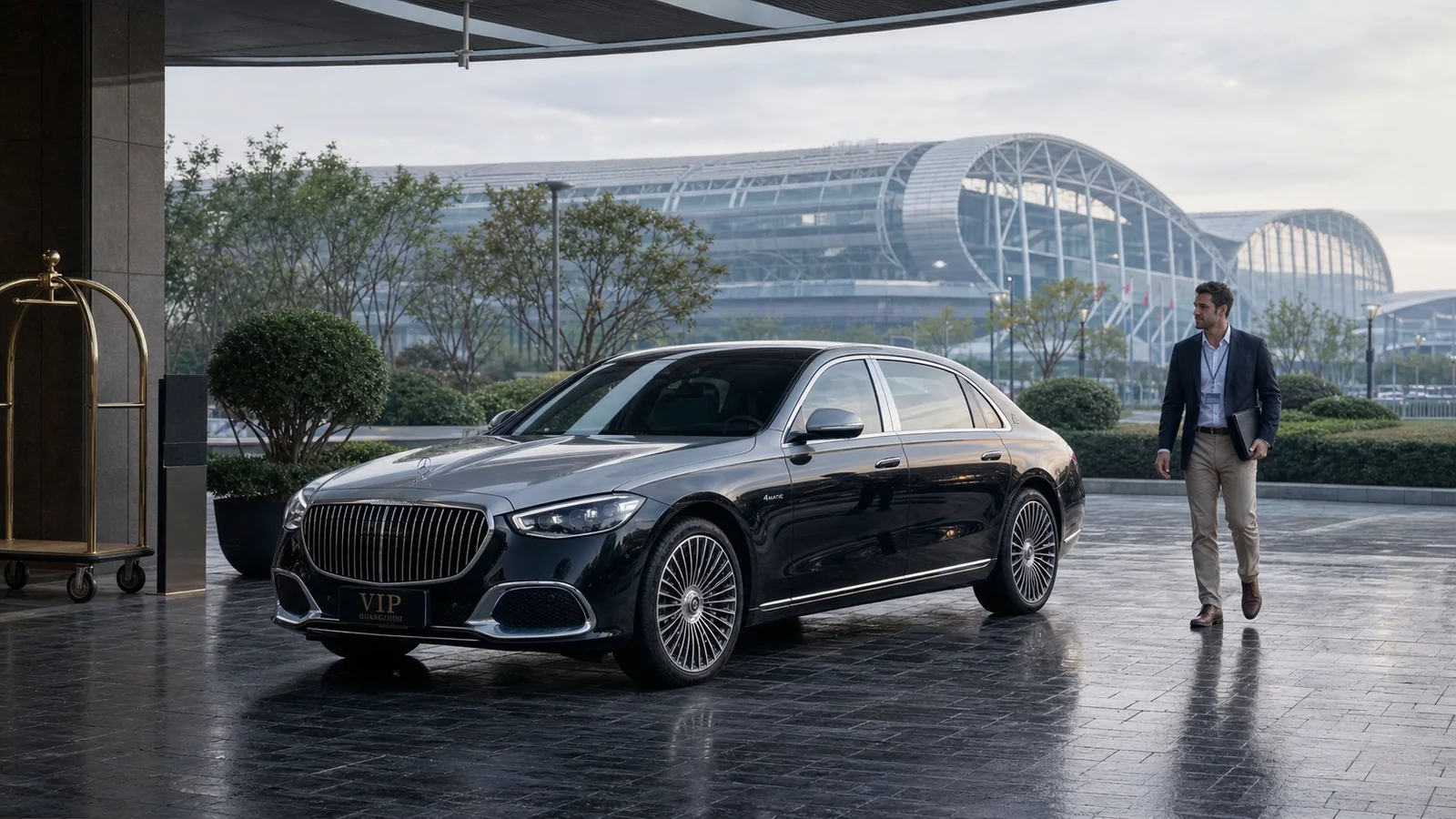 Black Maybach S480 outside a premium hotel near the Canton Fair complex in Guangzhou