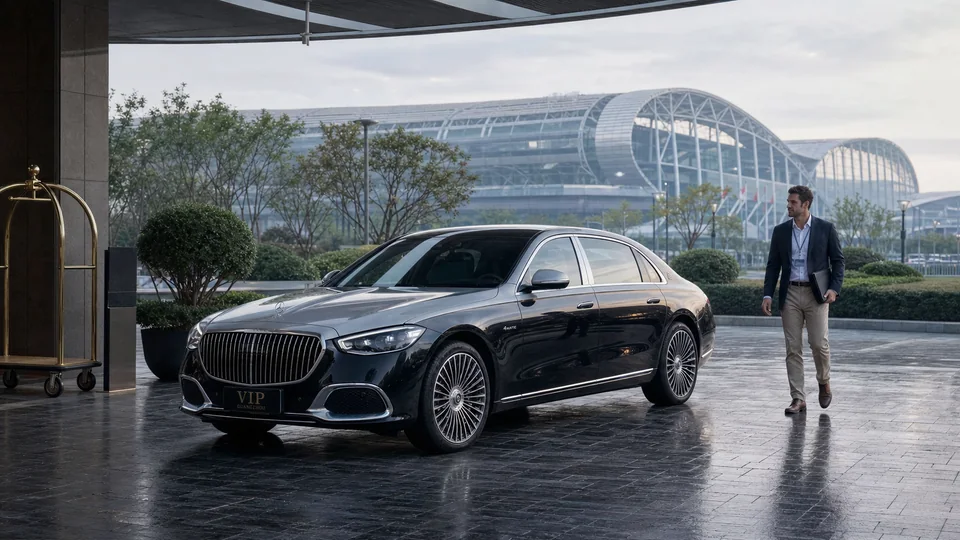 Black Maybach S480 outside a premium hotel near the Canton Fair complex in Guangzhou