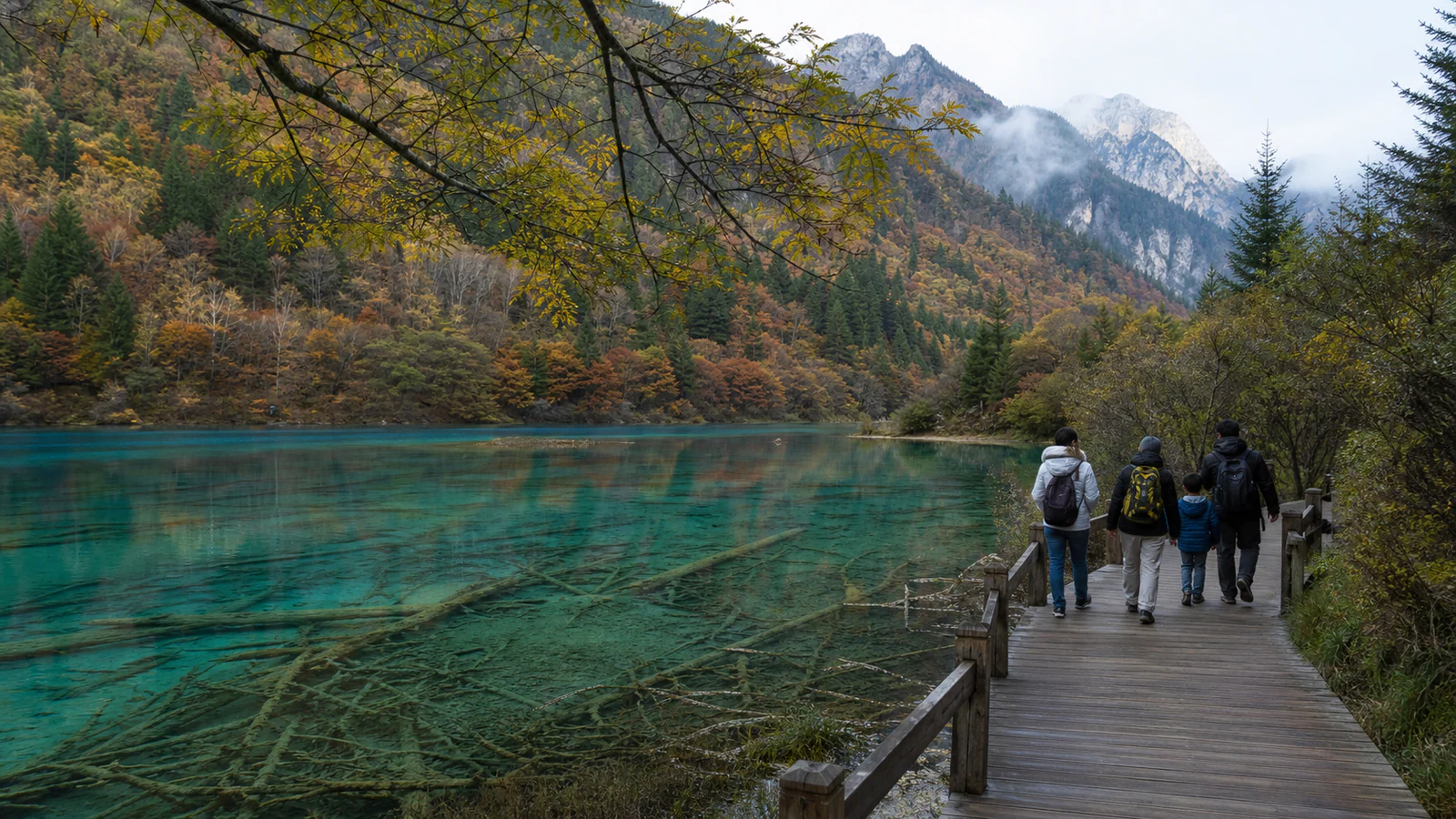 Family and local guide walking beside a turquoise lake in Jiuzhaigou Valley during autumn
