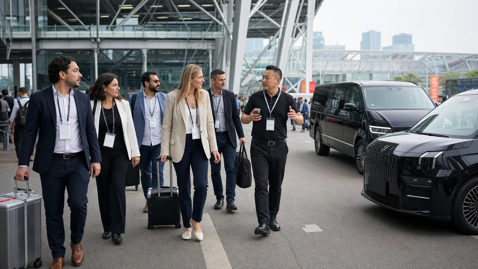 International business delegation arriving with sample cases beside executive vans at a Guangzhou exhibition complex