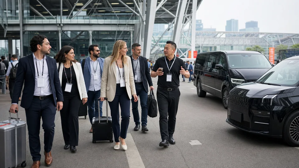 International business delegation traveling with private transport in China