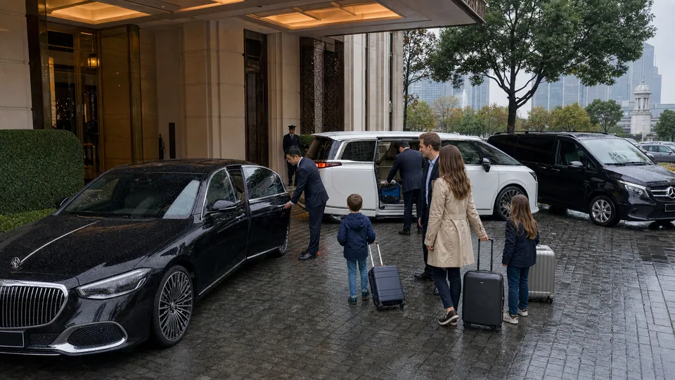 Private chauffeur vehicles prepared outside a hotel in China