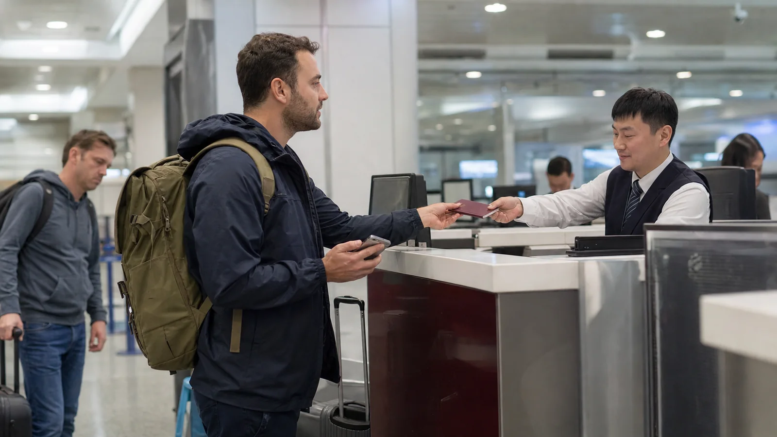 International traveler receiving a SIM card at a busy Chinese airport service counter