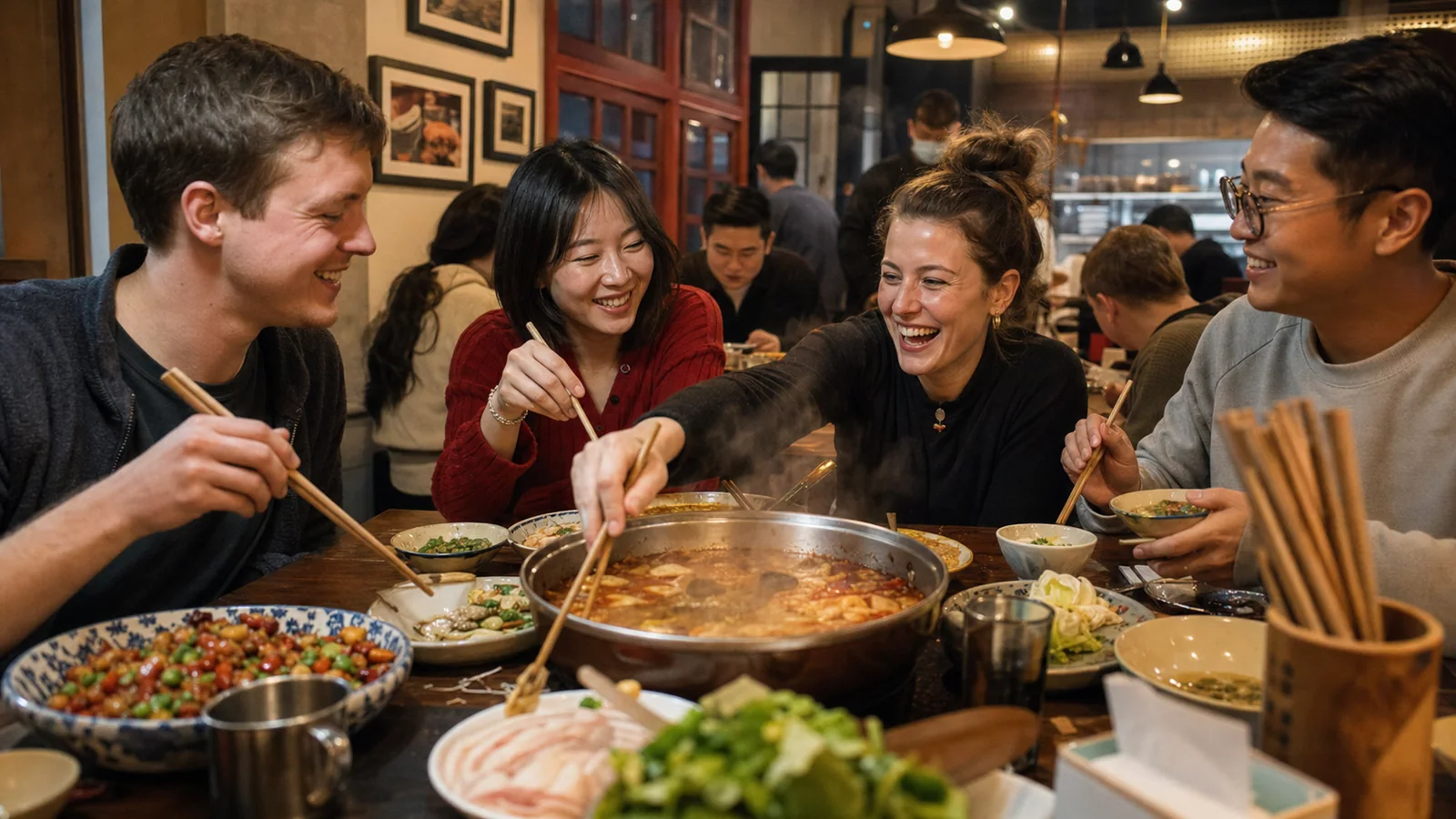 Travelers sharing a lively regional Chinese meal around a round table in a local restaurant