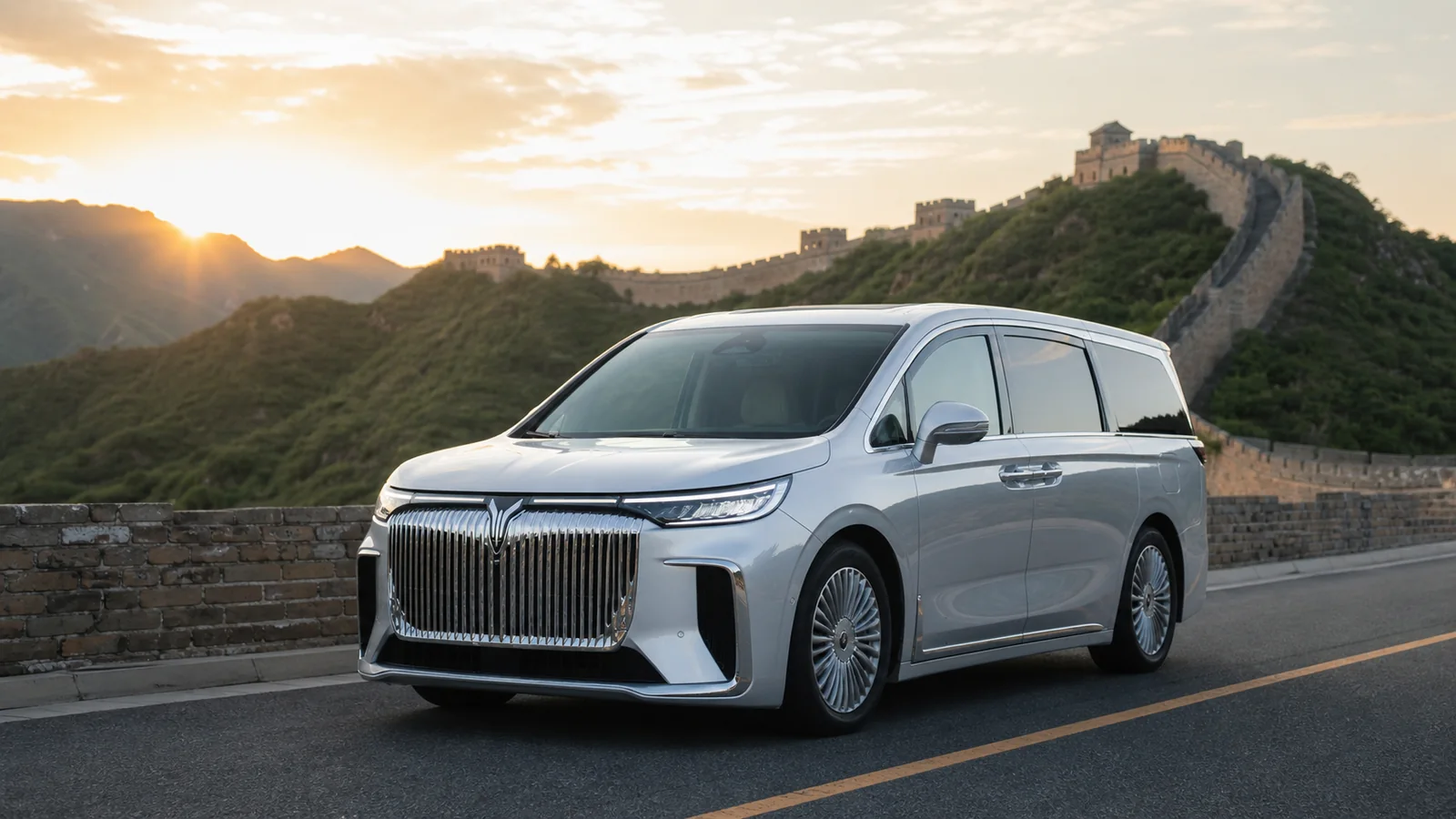 Silver VOYAH Dreamer on a scenic road beside the Great Wall at sunrise