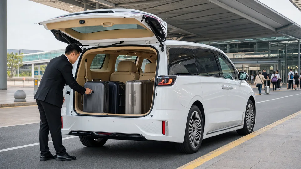 Chauffeur arranging large suitcases in a Voyah Dreamer at a railway station