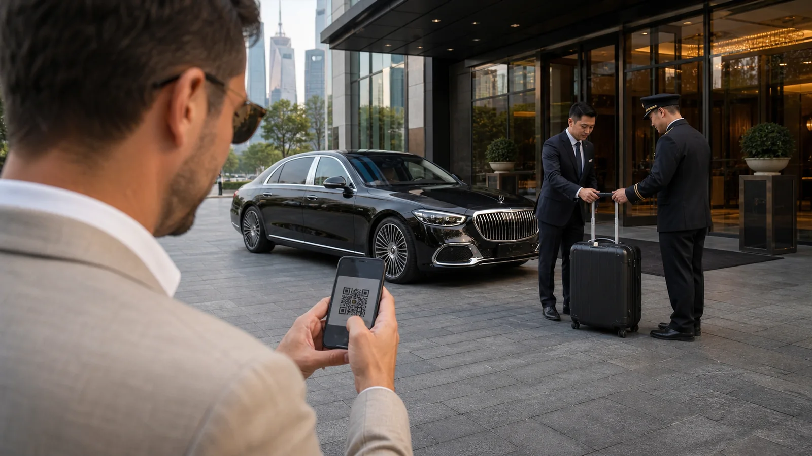 International traveler using a mobile payment beside a Maybach S480 at a Shanghai hotel
