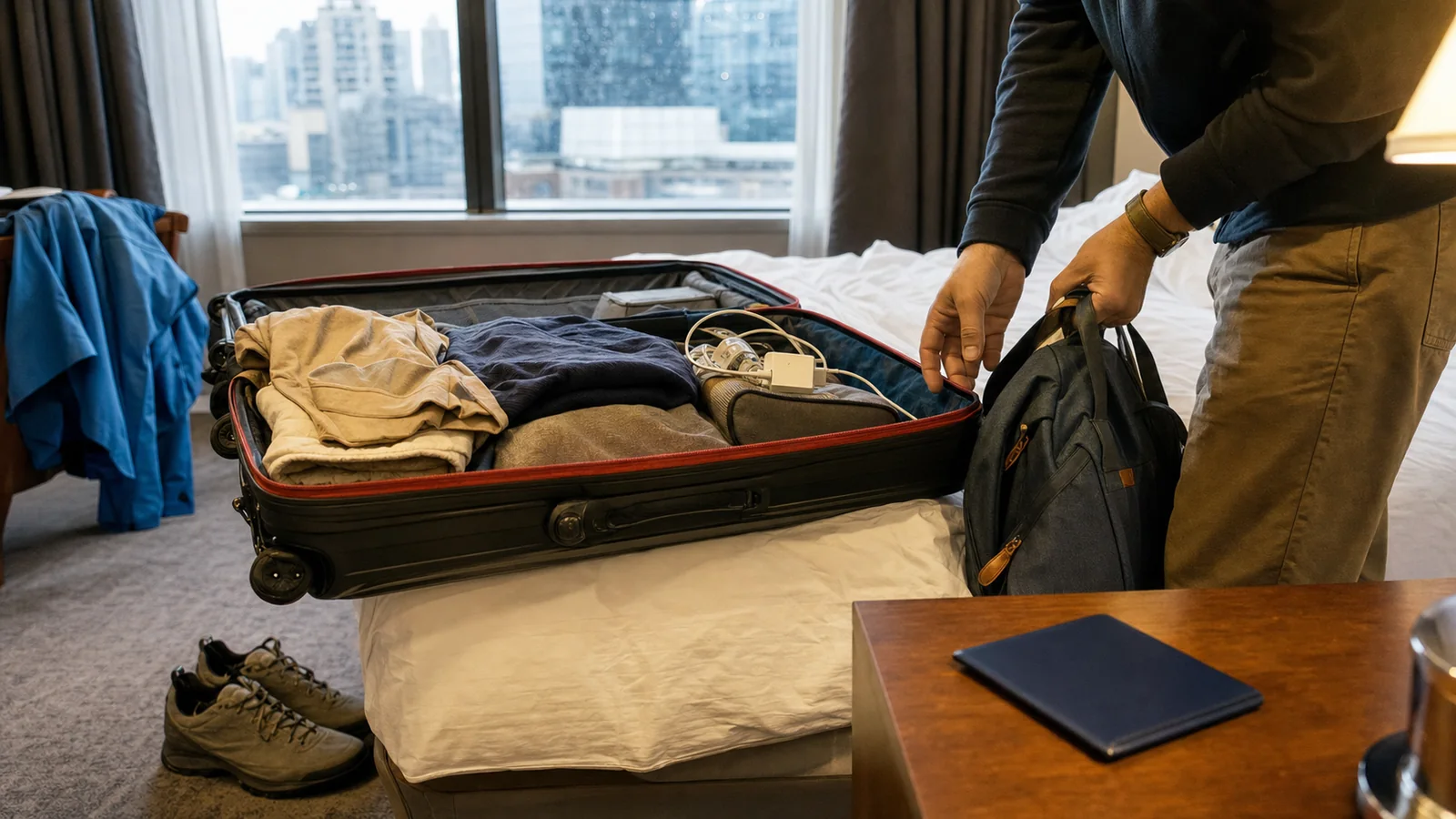 Traveler unpacking a naturally messy suitcase in a Shanghai hotel room