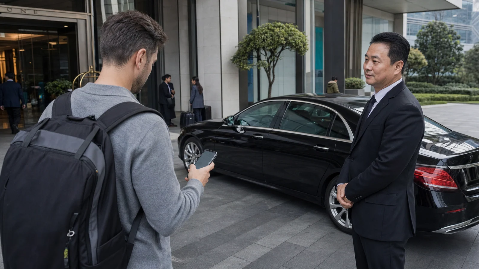 International traveler reviewing a private chauffeur quote beside a black executive sedan at a Shanghai hotel