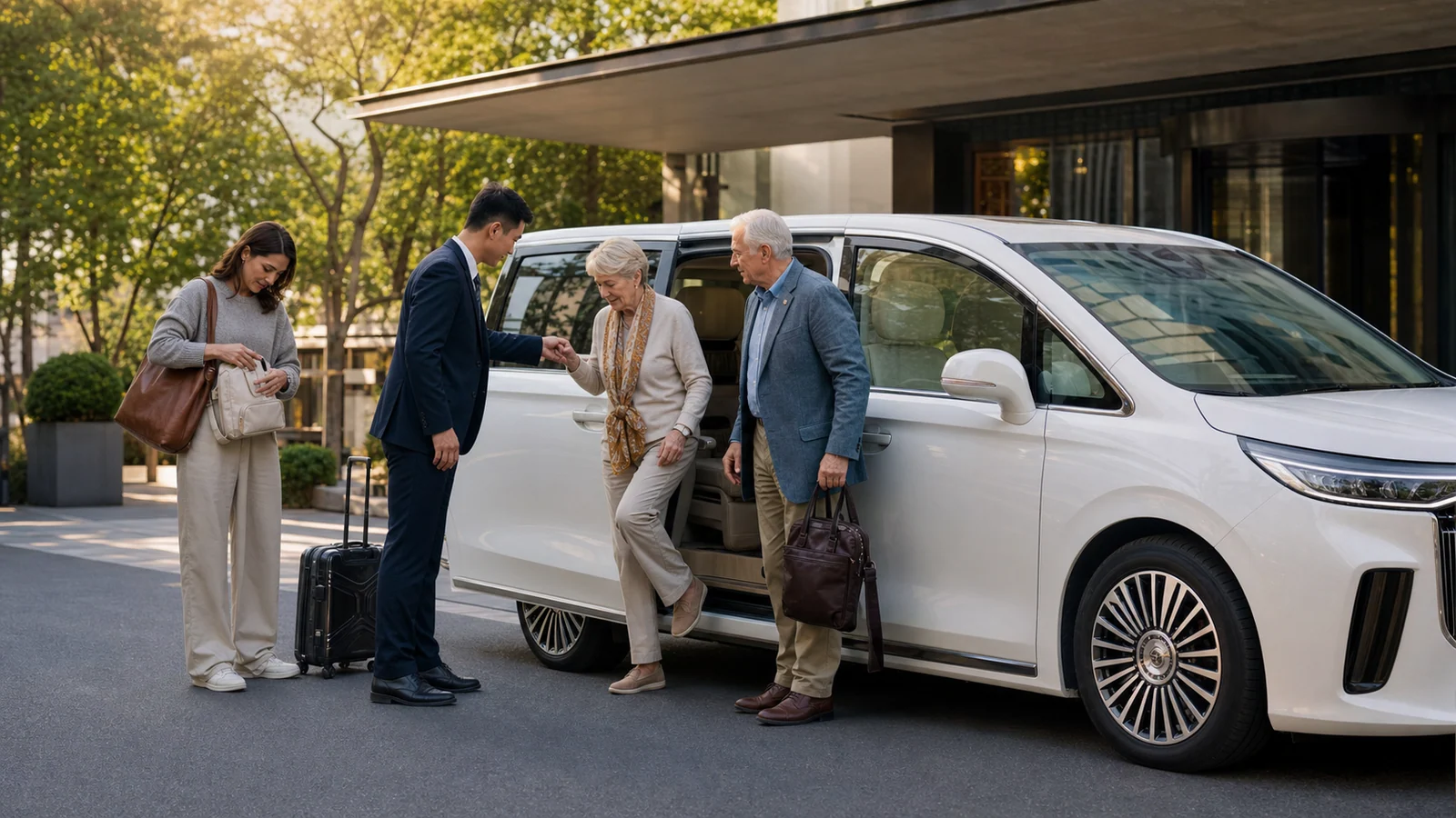 Older international couple boarding a spacious premium MPV with help from a chauffeur at a Beijing hotel
