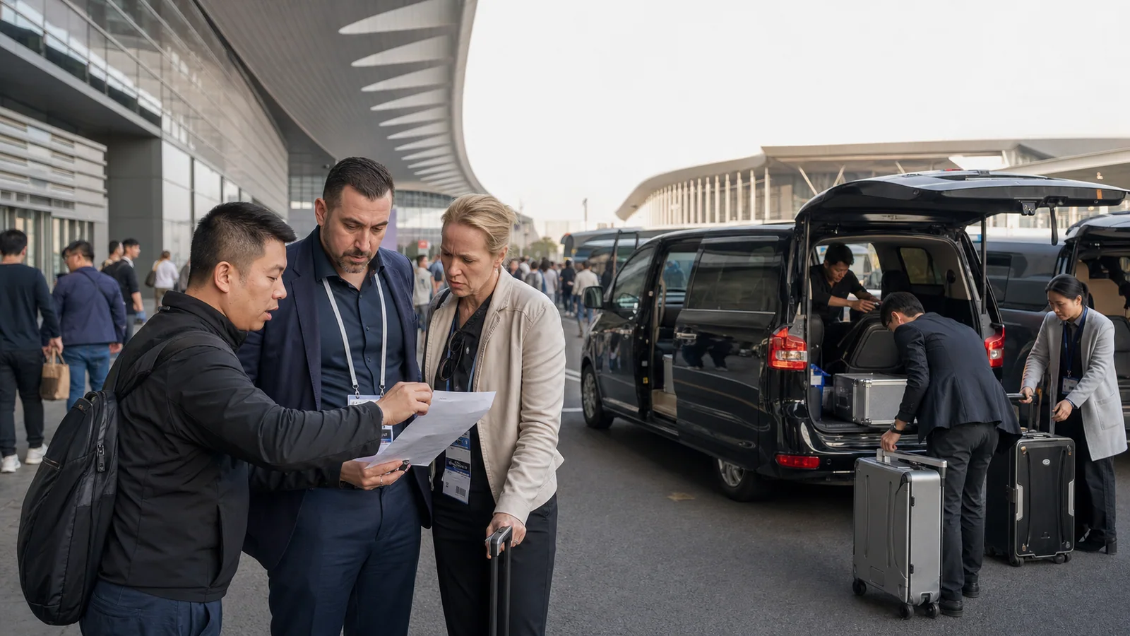 Trade show buyers coordinating with a transport manager while sample cases are loaded into executive vans