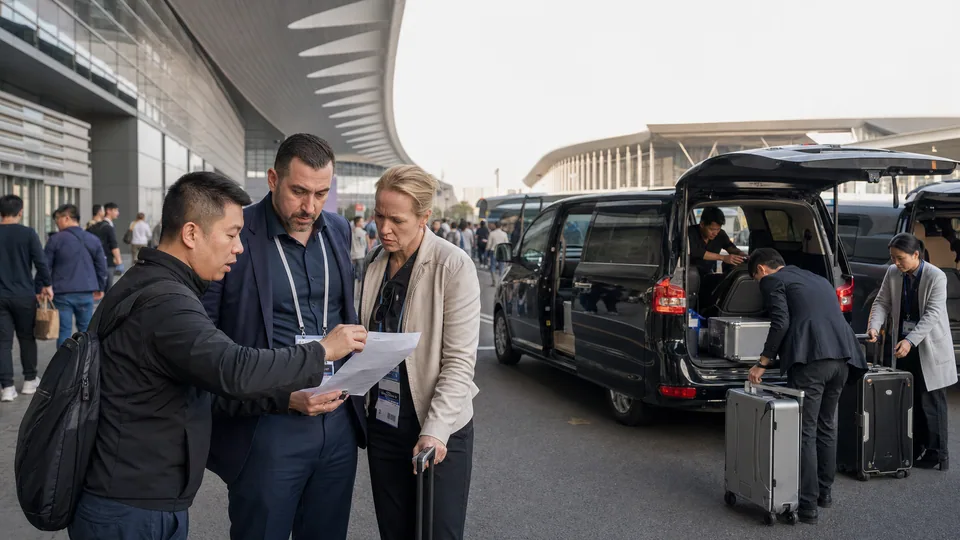 Trade show buyers coordinating with a transport manager while sample cases are loaded into executive vans