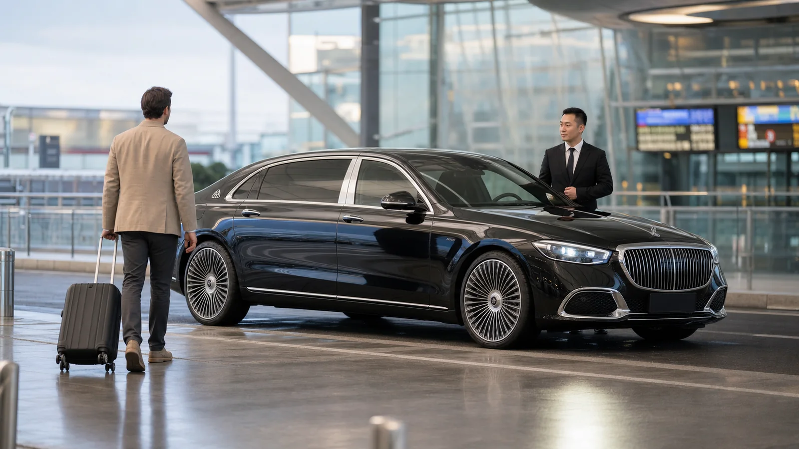 Black Maybach S480 meeting an international traveler at a modern China airport